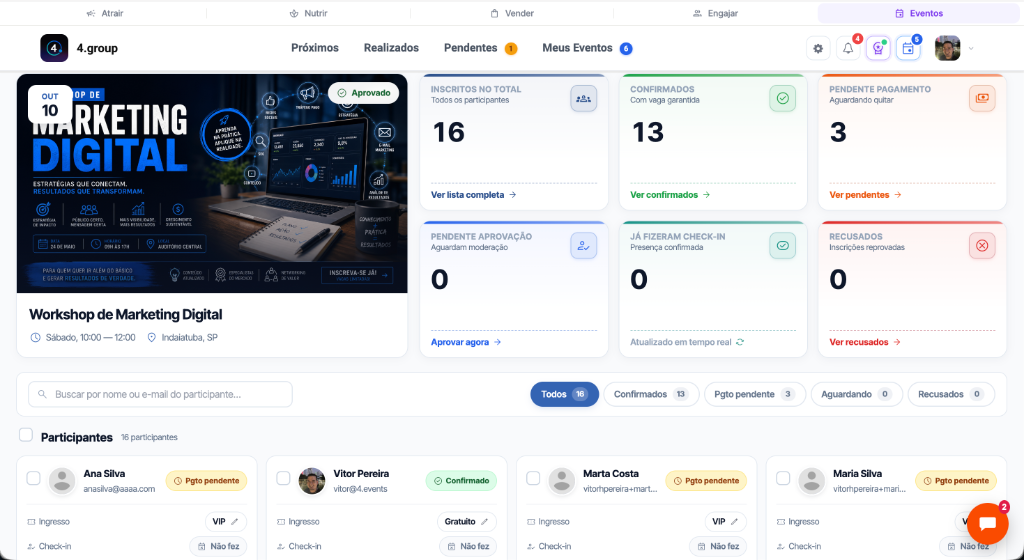 Painel de eventos da 4.works com lista e calendário
