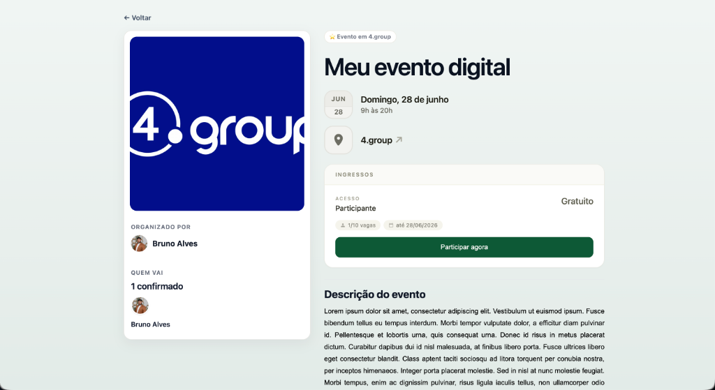 Página pública de evento com inscrição