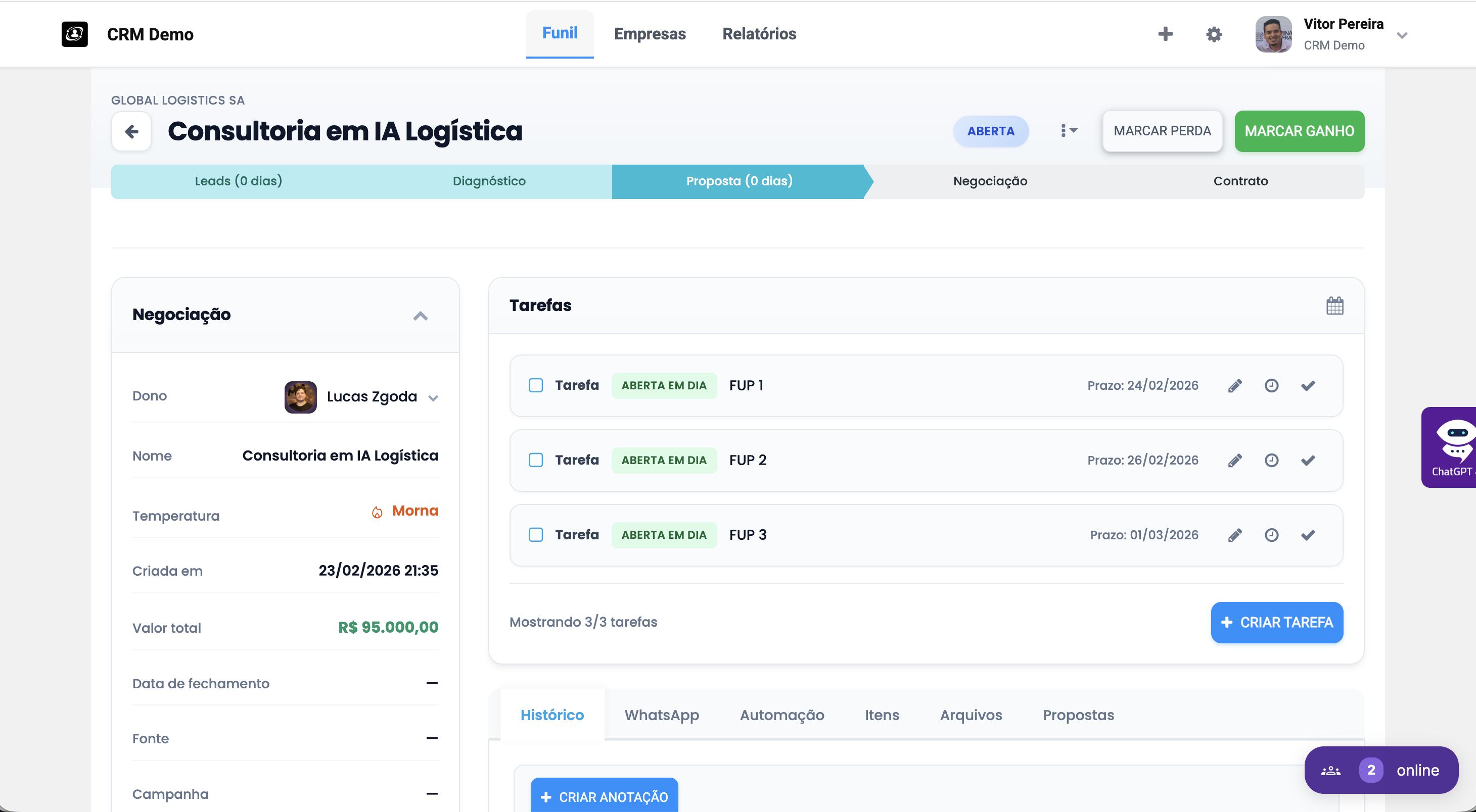 Detalhe de uma negociação no CRM da 4.works com etapas, valor e tarefas